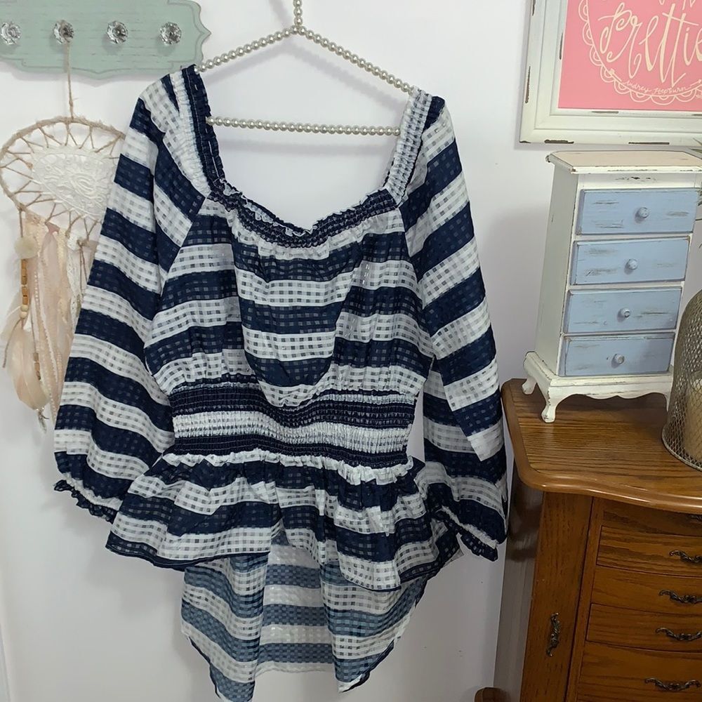Why Dress Top XXL Womens Navy Blue White Striped Sheer Off Shoulder High Low